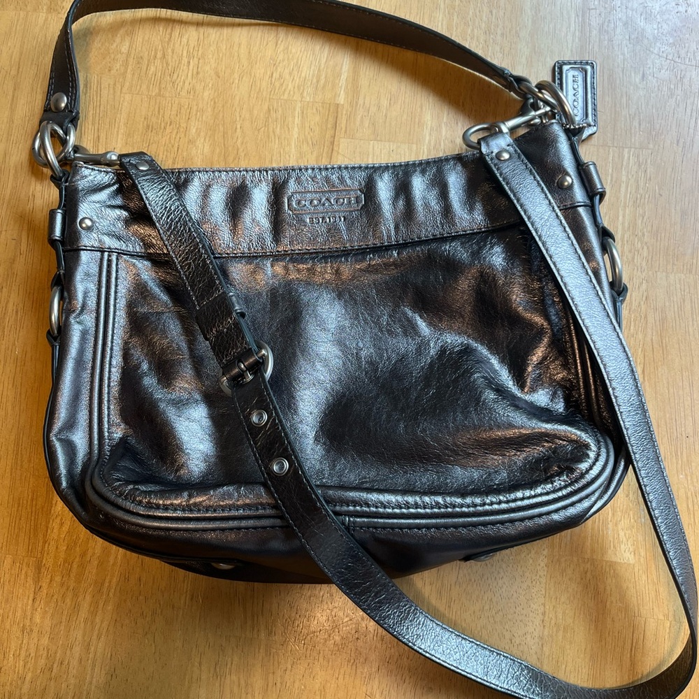 Coach Zoe Shiny Silver Leather Shoulder Bag with Double Strap